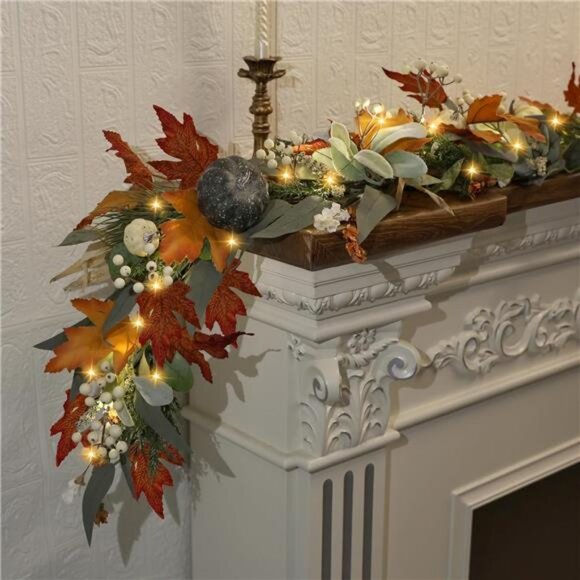 Realistic Fall Garland for Mantle 6 Ft Fall Maple Leaves Garlands with Lights - Picture 5 of 7